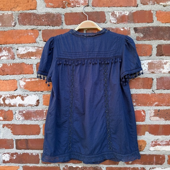 Anthropologie Leifnotes Navy Beaded Embroidered Boho Pom Pom‎ Top Size 2 - Picture 3 of 5